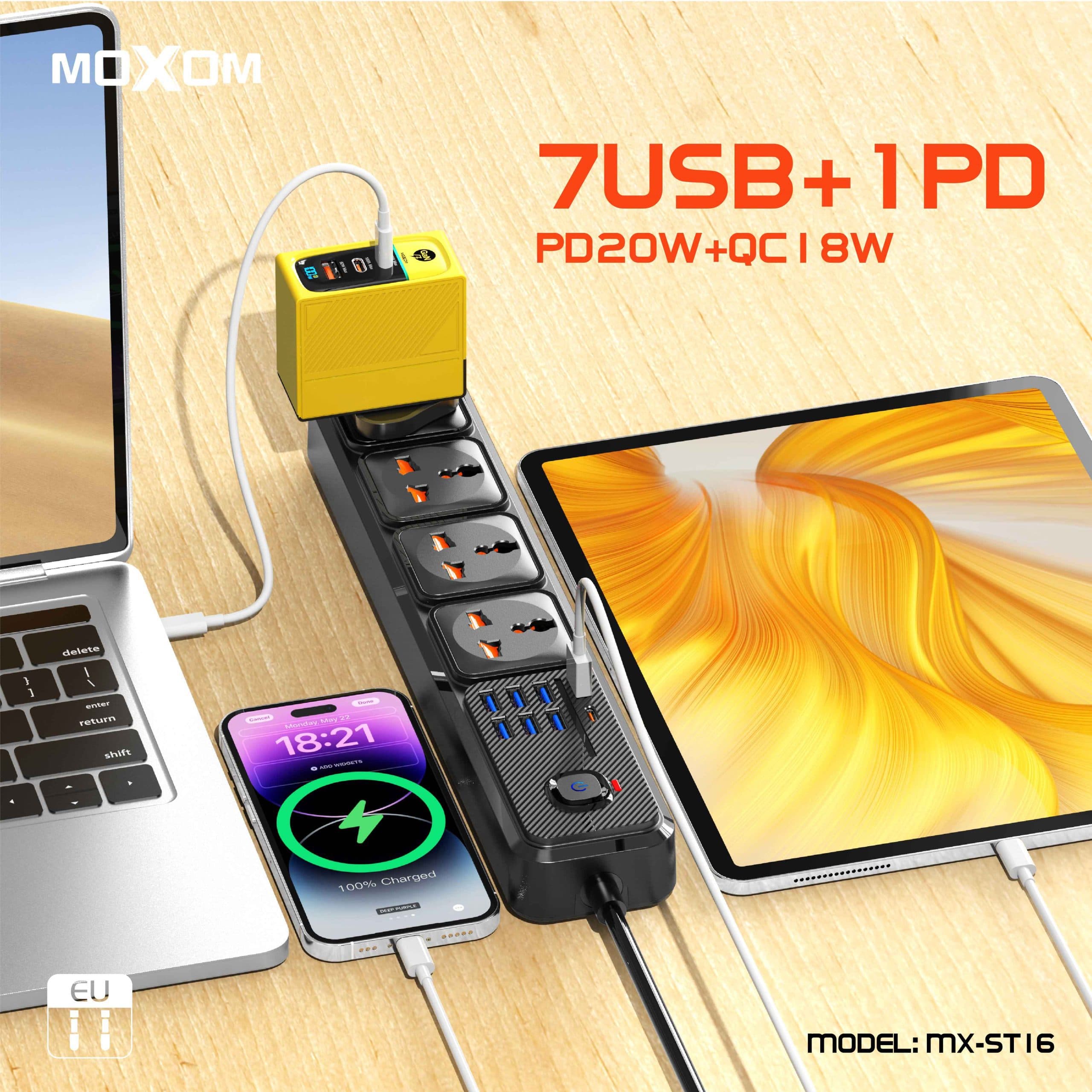 چند راهی برق و شارژر PD20W موکسوم مدل MX-ST16 — تصویر ۳
