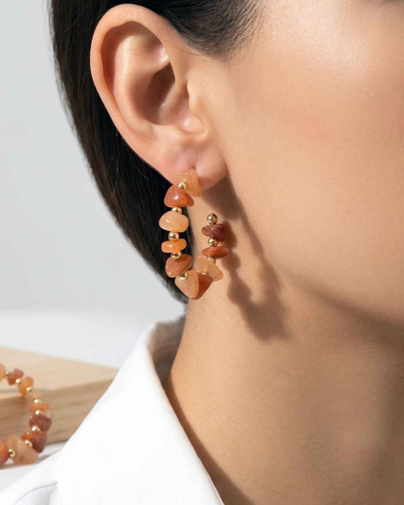 گوشواره حلقه‌ ای سنگ طبیعی اونتورین سرخ