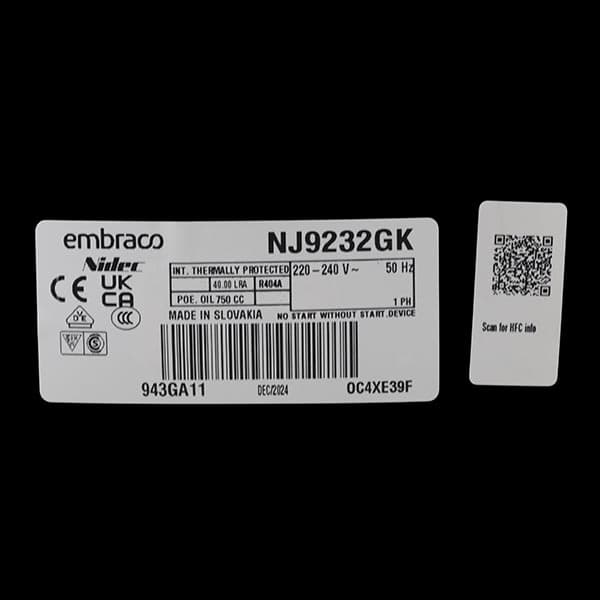 کمپرسور امبراکو EMBRACO مدل NJ9232GK ظرفیت ۱/۲-۱ یا ۱/۵ اسب بخار بالای صفر گاز R404A — تصویر ۴