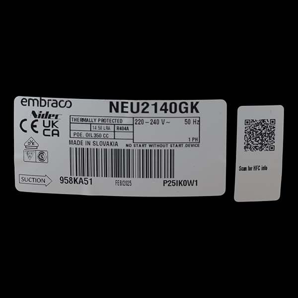 کمپرسور امبراکو EMBRACO مدل NEU2140GK ظرفیت ۱/۳ اسب بخار گاز R404A — تصویر ۴