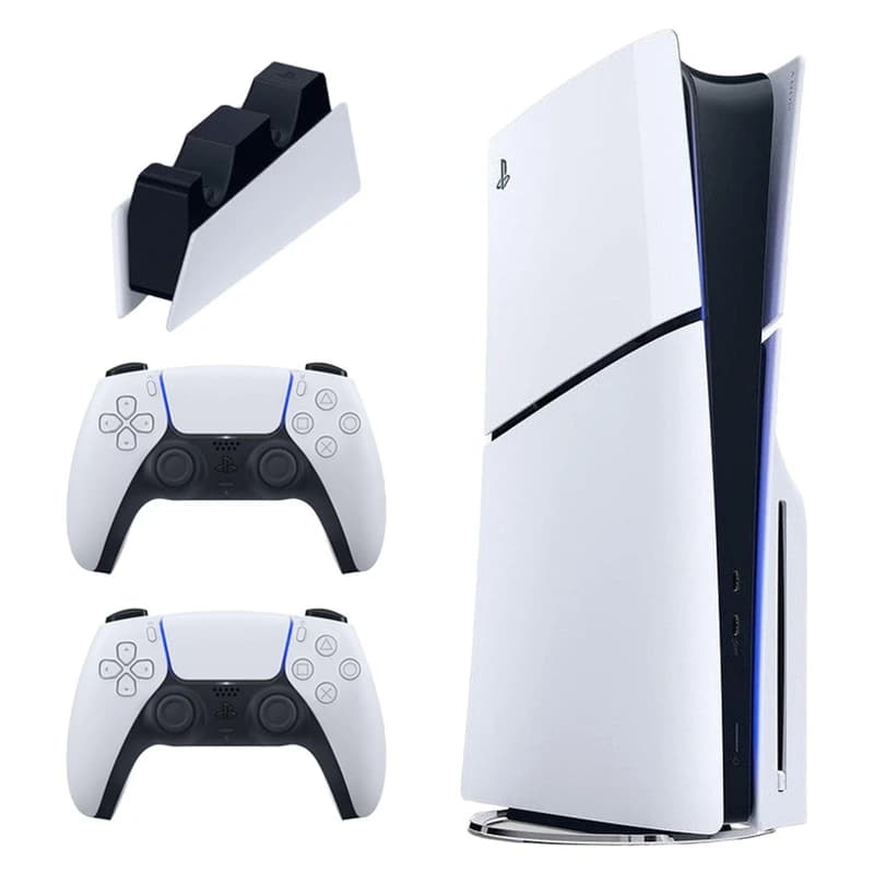 کنسول بازی سونی مدل PlayStation 5 Slim نسخه دیسک‌خور، ریجن آسیا سری 2000 با ظرفیت حافظه داخلی 1 ترابایت به همراه یک عدد کنترلر اضافه به رنگ‌ و پایه شارژر کنترلر، حداکثر وضوح تصویر خروجی 4K