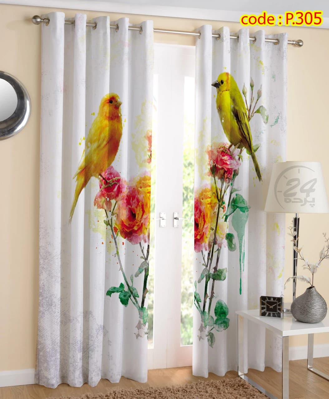 پرده پانچ چاپی طرح گل و بلبل کد P۳05 - گالری پرده 24