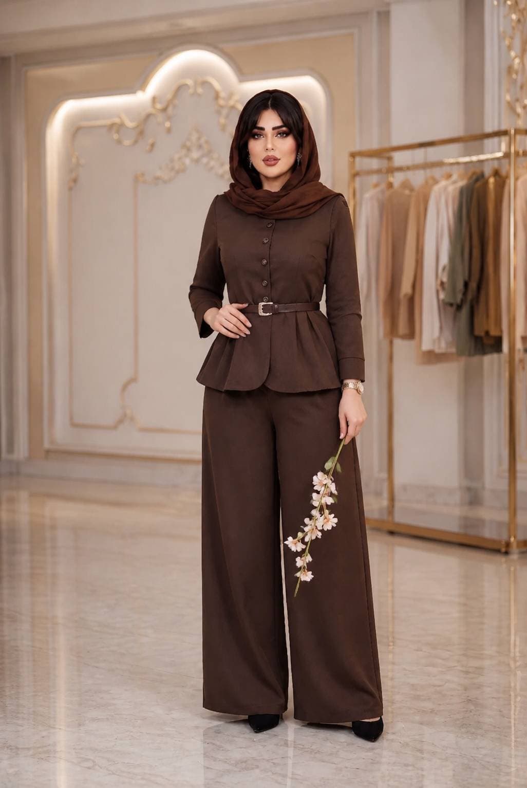 ست سه تیکه مانتو شلوار ،کمربند، جنس بزیاق ریزشی زنانه
