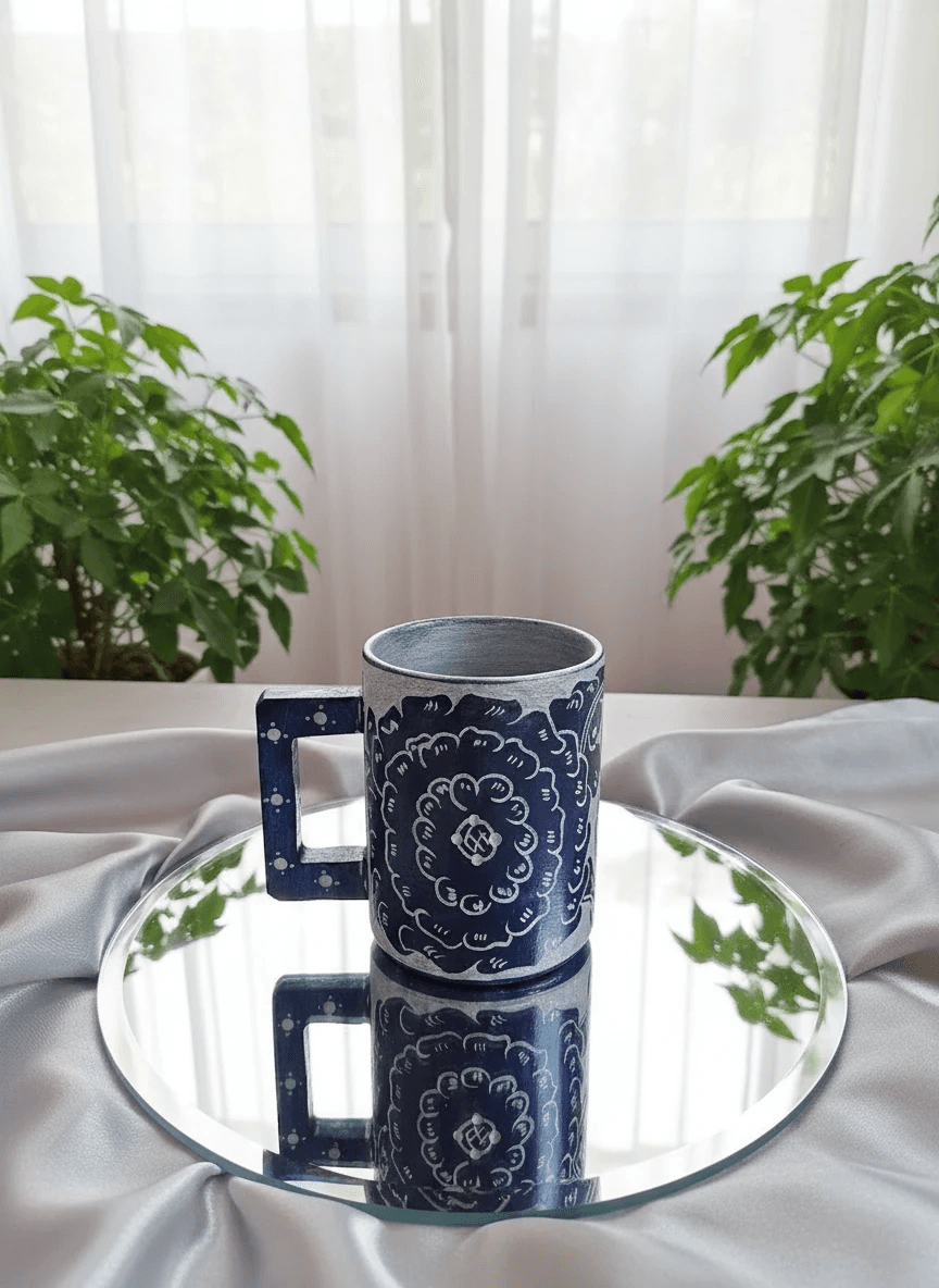 لیوان سنگی قلم زنی دسته دار کار دست