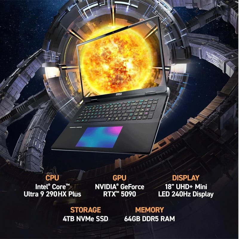 لپ تاپ 18 اینچی ام اس آی مدل Titan 18 HX A2WJ Core Ultra 9-290HX PLUS 64GB 4TB SSD 24GB RTX 5090 — تصویر ۲
