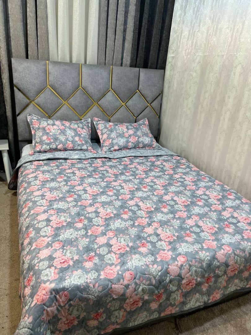 سرویس روتختی بهاره پنبه دوزی نخ پتینه ۴ تکه طوسی گلدار