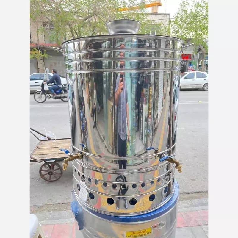 سماور گازی هییتی هیئتی استیل مجلسی 150 لیتری تک شیر موکب اداری مسجد هایپرمارکت صدرا استیل کار (پس کرایه)