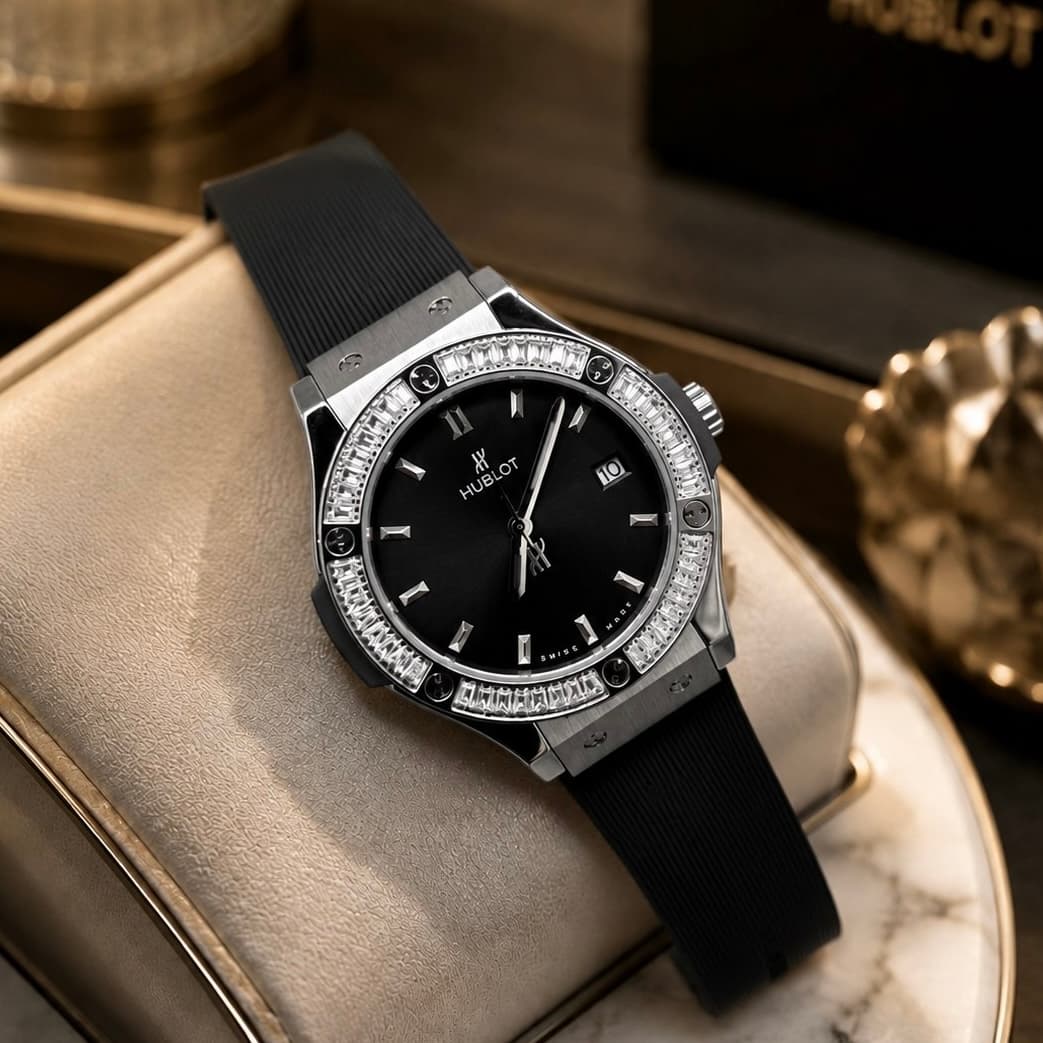 ساعت مچی دخترانه هابلوت HUBLOT مستر کوالیتی دور نگین بند رابر مشکی