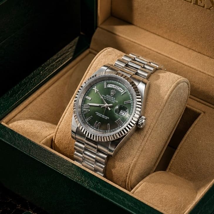 ساعت مچی مردانه رولکس ROLEX دی دیت DAY DATE نقره ای صفحه سبز