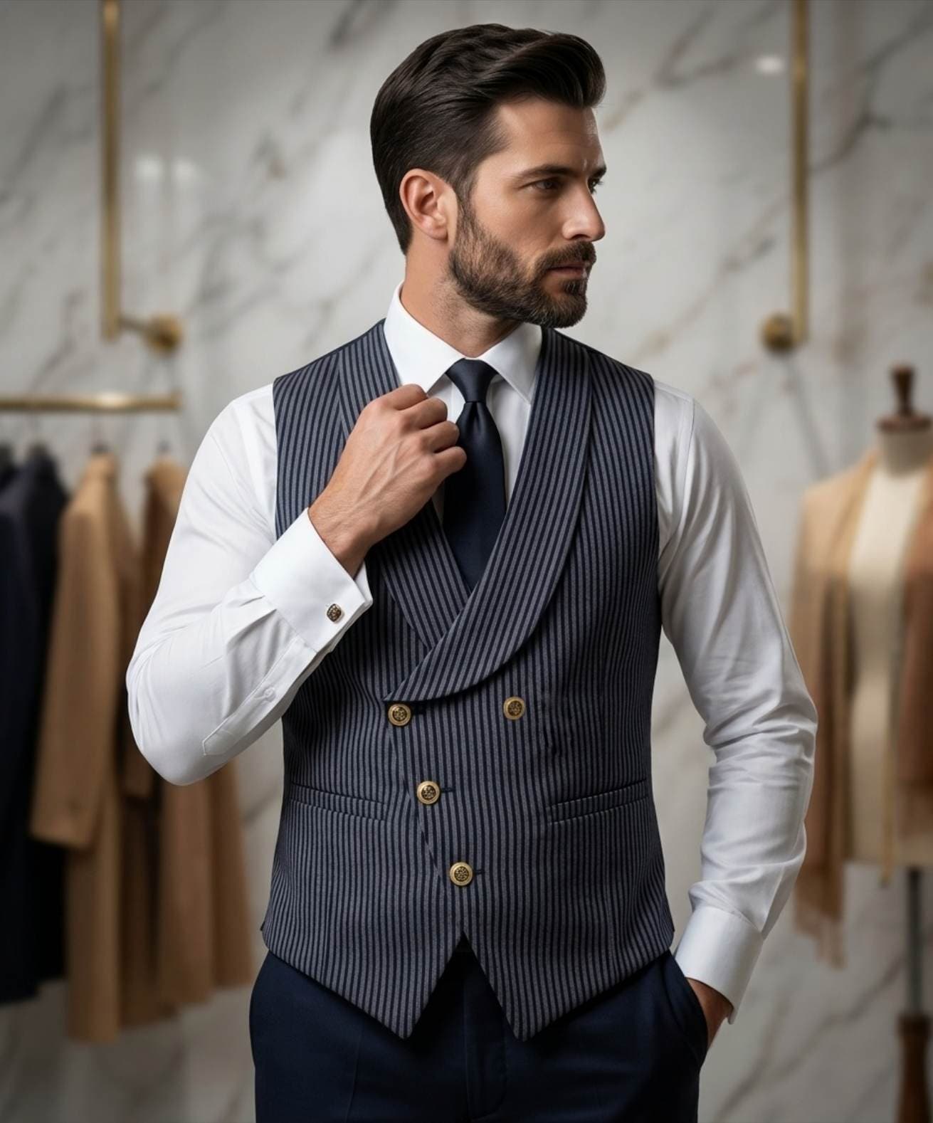ژیله مردانه GUCCI یقه آرشال 4دکمه - پارچه تریکو راه‌راه