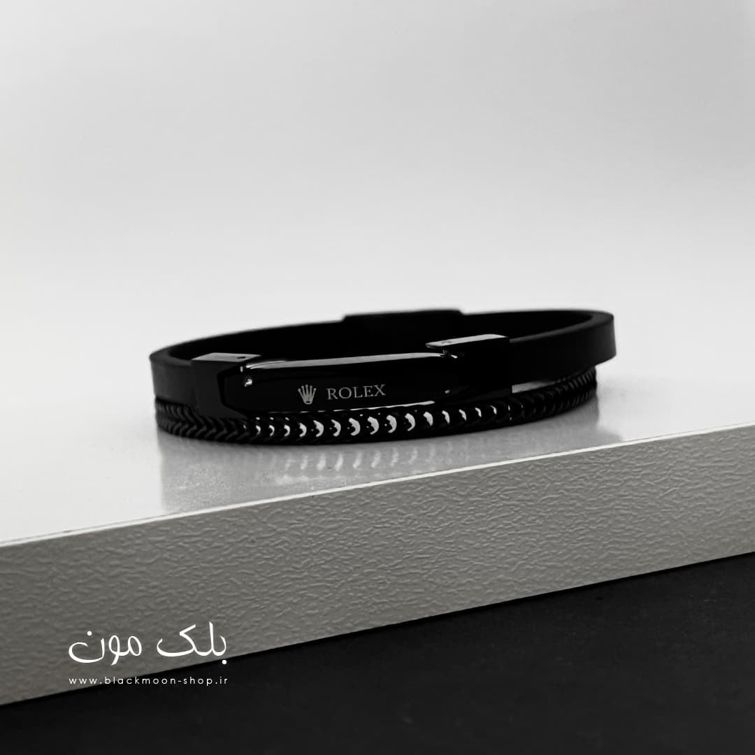 دستبند مردانه چرم دولاین رولکس مشکی