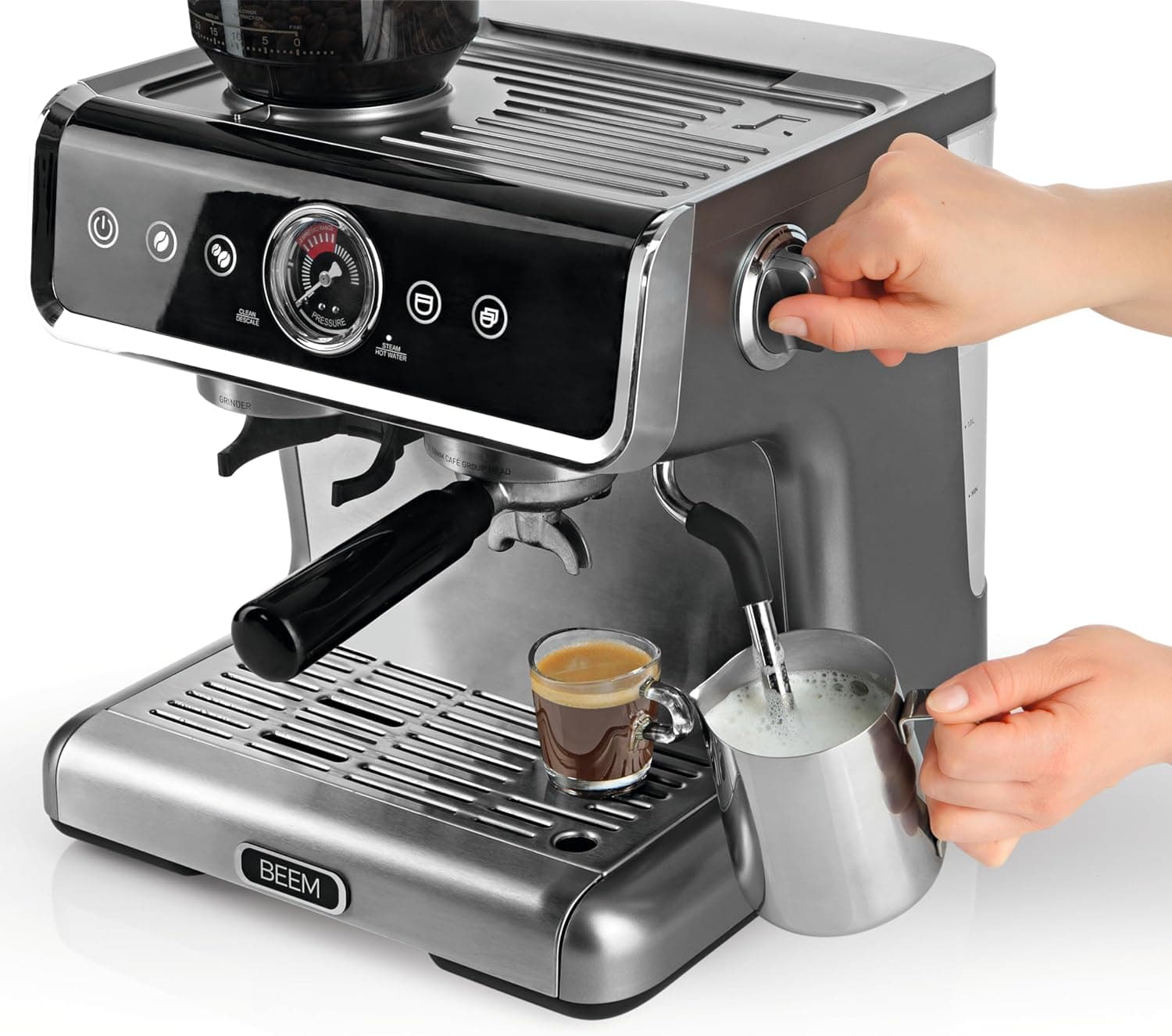 اسپرسوساز حرفه‌ای BEEM ESPRESSO-GRIND-PROFESSION با آسیاب داخلی و کف شیر — تصویر ۲