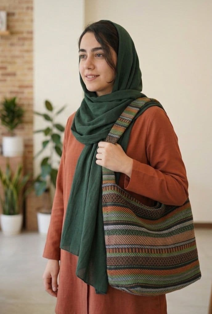 کیف زنانه و دخترانه ی بافت طرح سنتی کد 04 سبز آجری