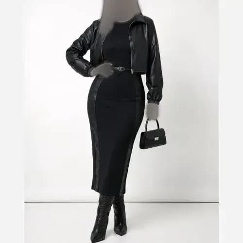 ست سارافون و کت زنانه جنس مازراتی و چرم رنگ قهوه ای و مشکی سایزبندی