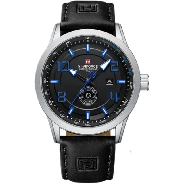 ساعت مچی مردانه Naviforce مدل NF9229 | بند چرمی مشکی، صفحه مشکی آبی