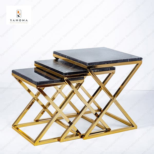 میز عسلی استیل طلایی طرح ایکس سه تکه کد 124
