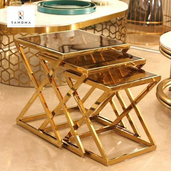 میز عسلی استیل طلایی طرح ایکس سه تکه کد 124 — تصویر ۳