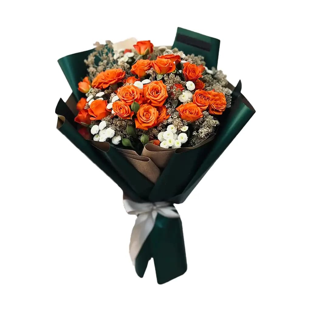 دسته‌گل رز نارنجی با گل‌های سفید Amber Charm Bouquet No.6 | پلتفرم سبز | هایپرمارکت گل و گیاه | گل فروشی دل