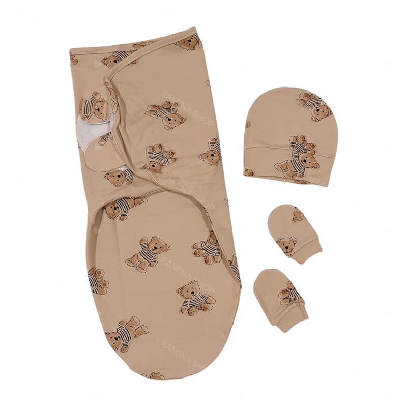 ست قنداق، کلاه و دستکش نوزاد طرح تدی بیبی فورلایف Baby4life
