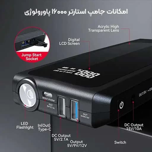 پاوربانک ۱۶۰۰۰ و جامپ استارتر خودرو پاورولوژی Powerology JumpStart Power Bank PPBCHA29 — تصویر ۴