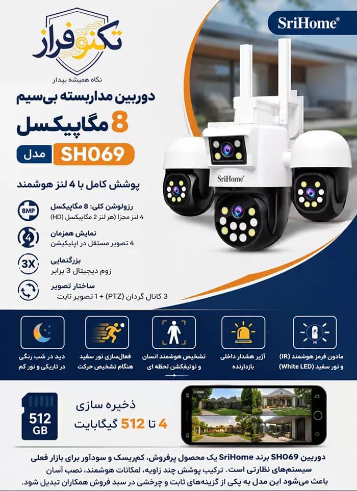 دوربین بی سیم هوشمند 4 لنز اسپید دام 8 مگاپیکسل سری هوم SH069 — تصویر ۴