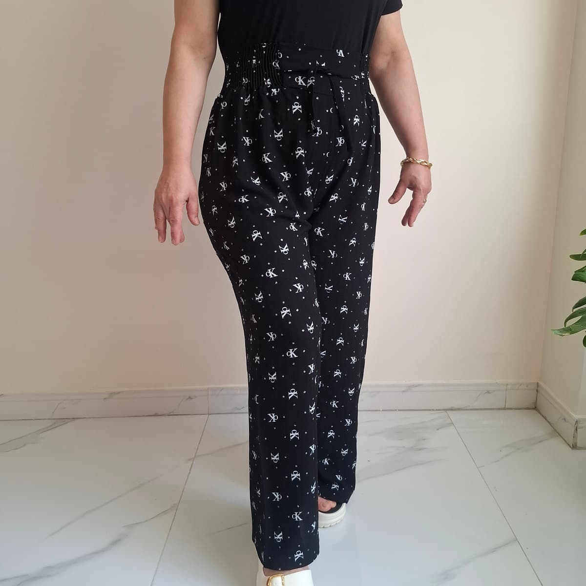 شلوار راحتی زنانه نخی طرح CK نقره‌کوب | سایز 50