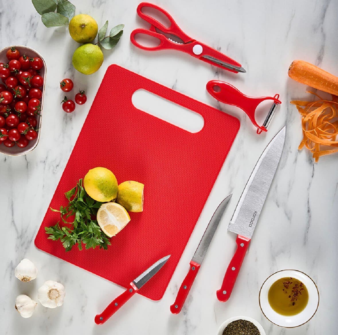 ست چاقو و تخته و ابزار آشپزخانه کاراجا مدل Sharp قرمز