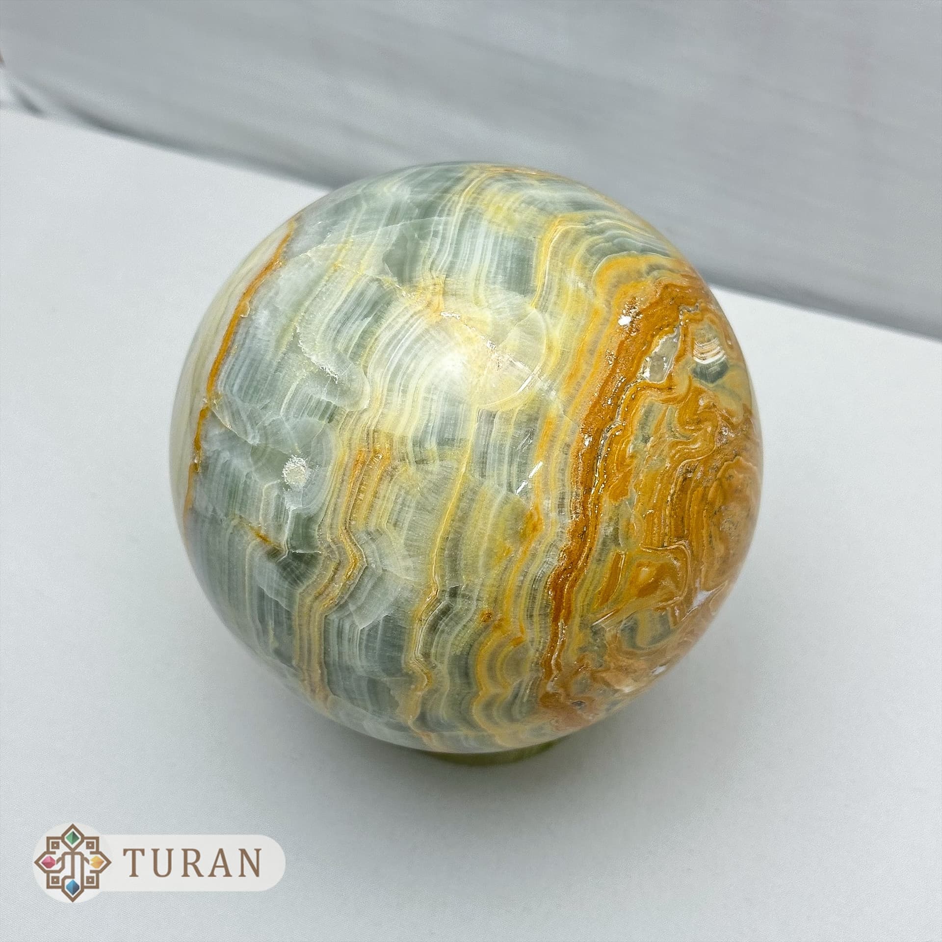 گوی مرمر گلدن بلو قطر 9.5 سانتی متر نمونه کاملا کلکسیونی با پایه