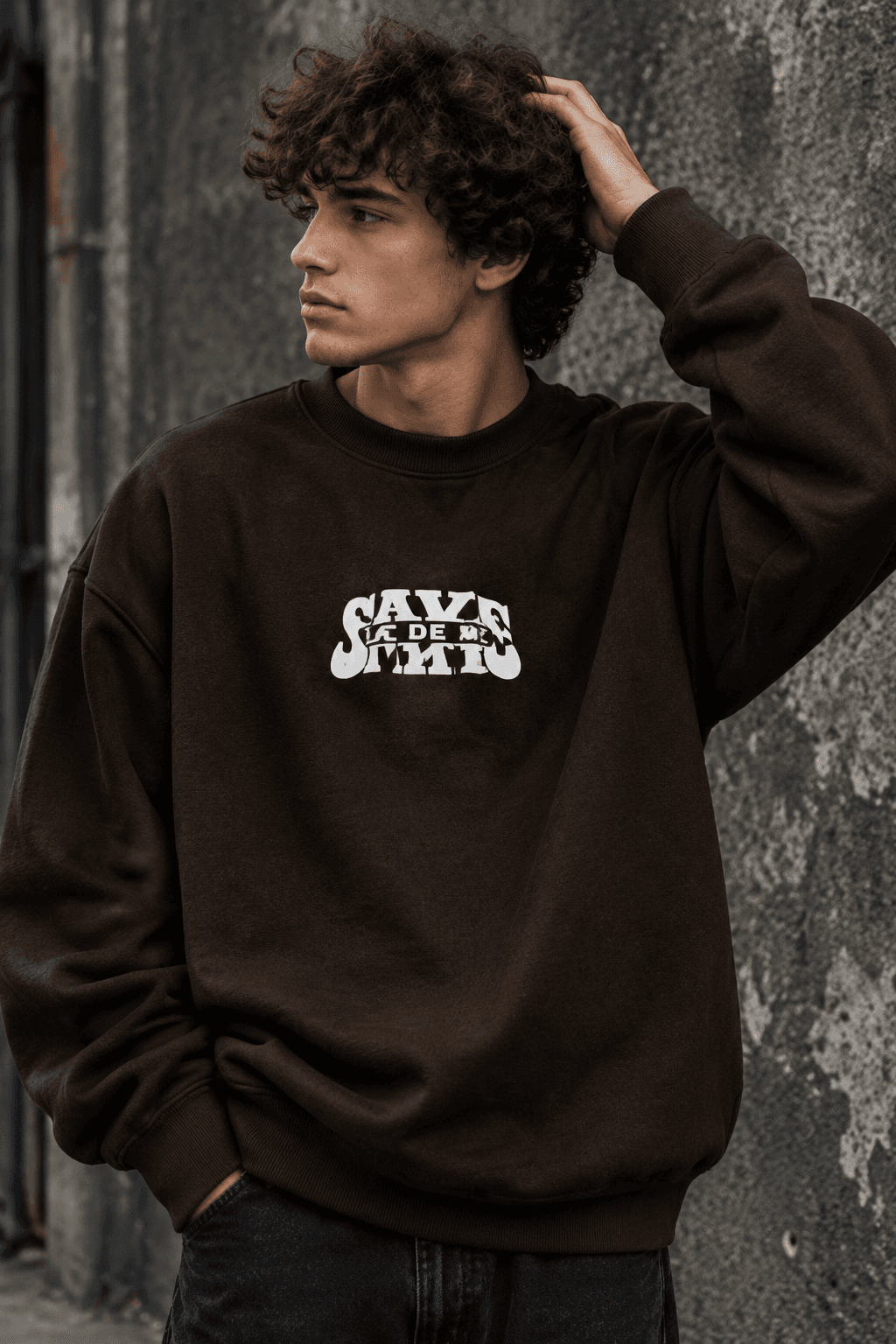 دورس پاییزه مردانه سه نخ پنبه گرم بالا گرافیکی رنگ قهوه ای موکا SAVEDE ME | Cotton Sweatshirt
