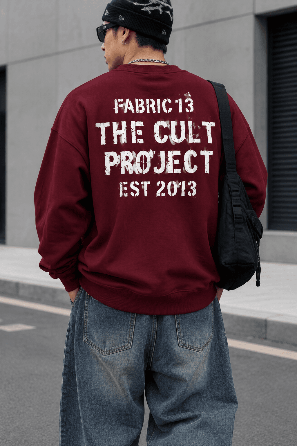 دورس یقه گرد پنبه ۳ نخ زرشکی پشت چاپ وینتیج EST.2013 | Fabric 13 Crewneck