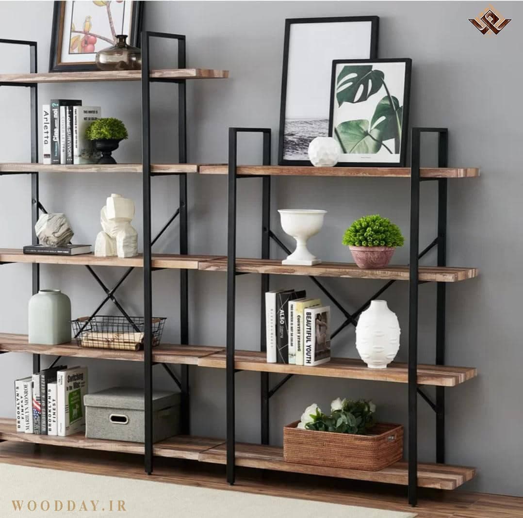 کتابخانه چوبی فلزی پنج طبقه