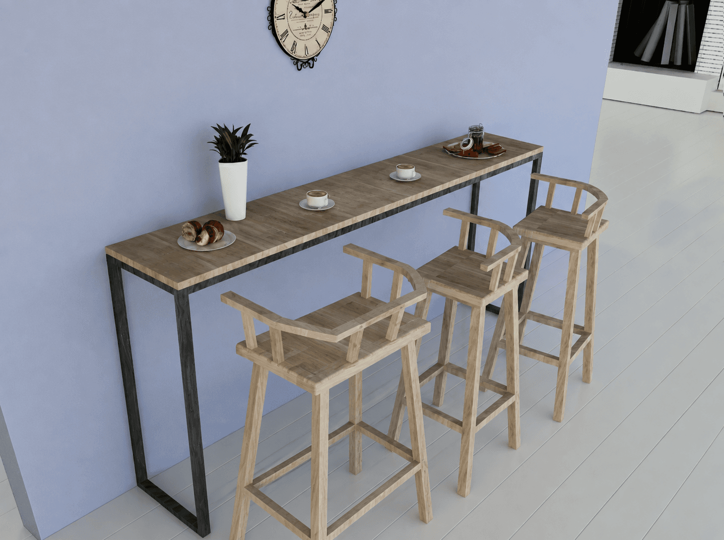 میز و صندلی کانتر دیواری سه نفره کافه ای چوبی سریClassic Cafe 85 cm