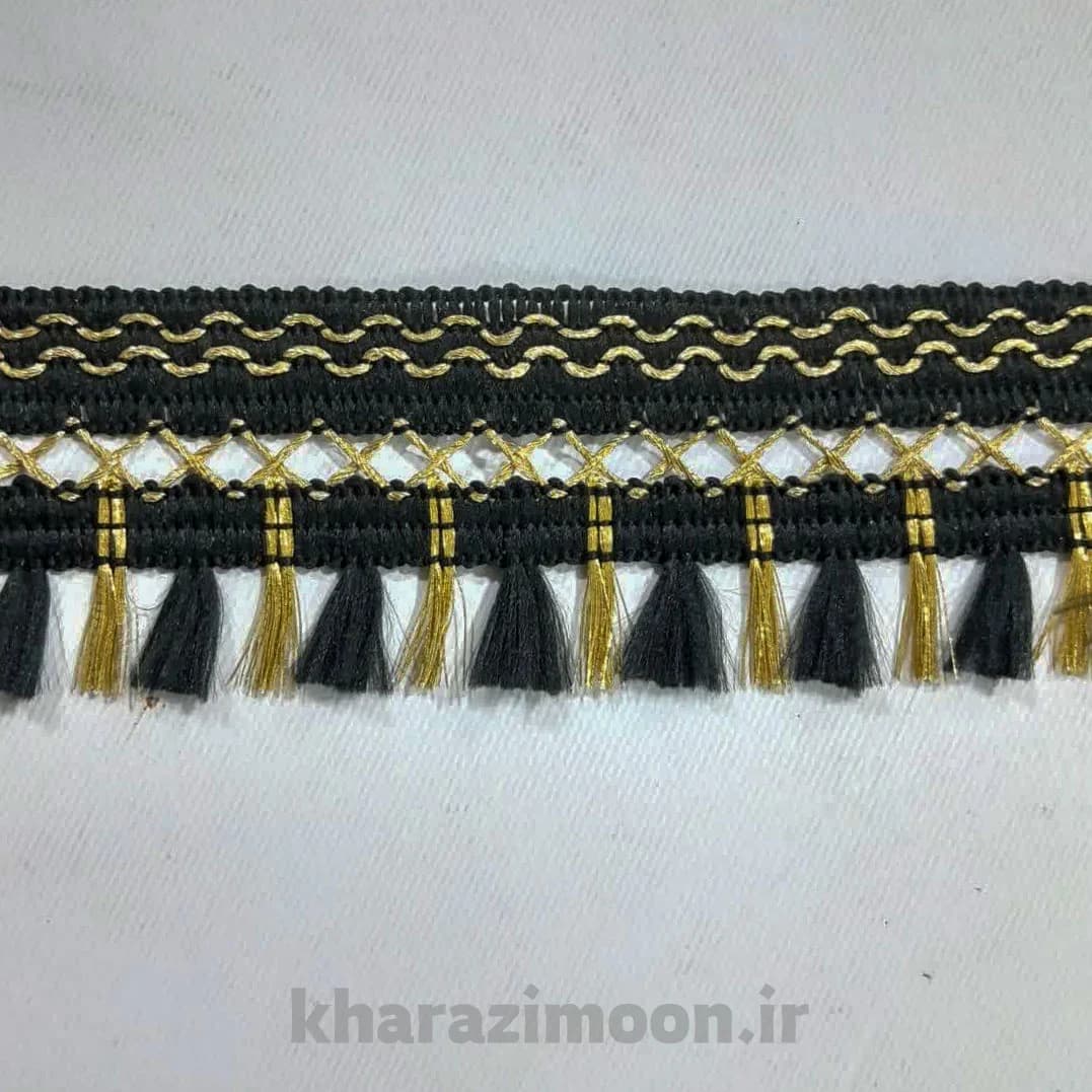 خرجکار ریشه تزئینی مانتو و لباس طلایی مشکی — تصویر ۲