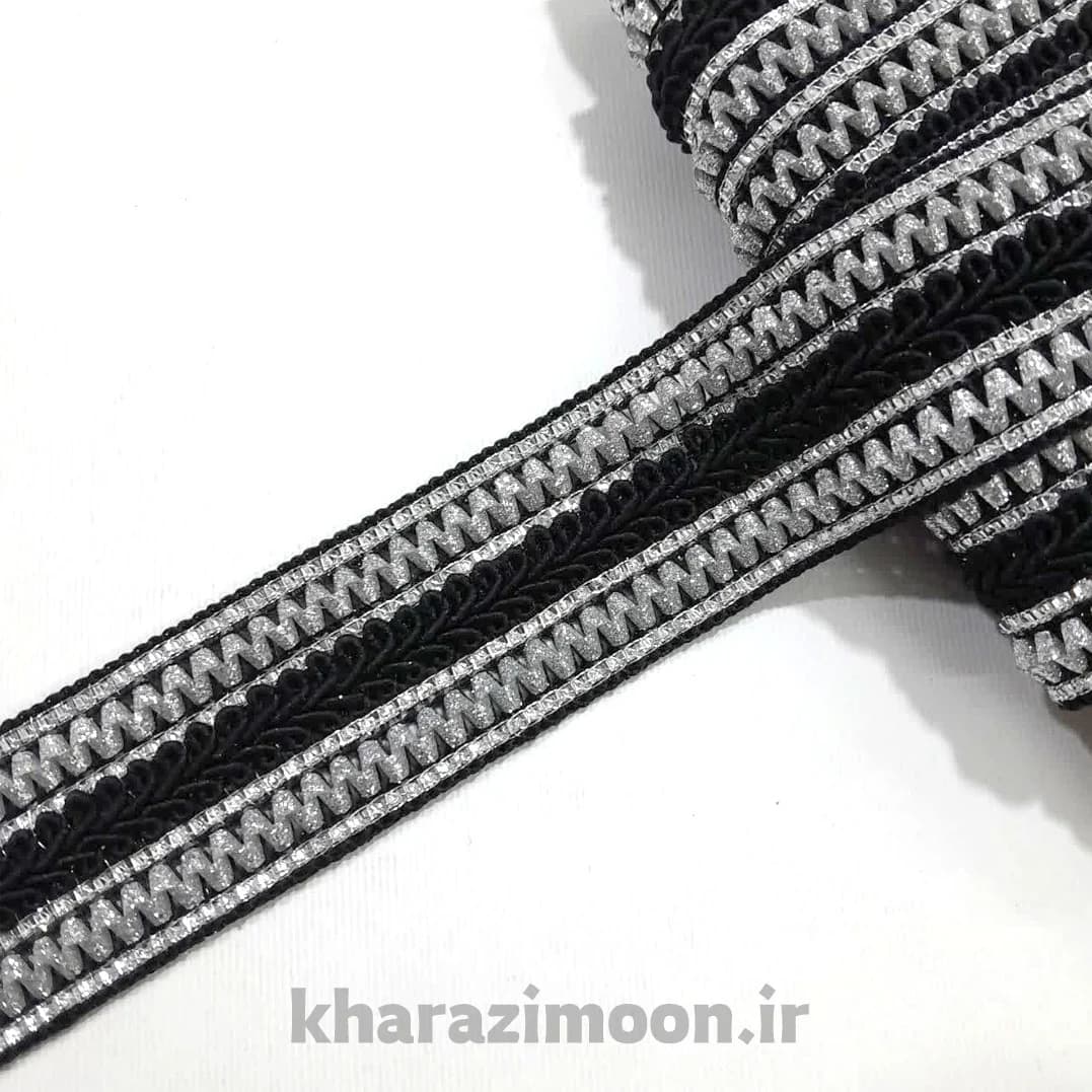 خرجکار کتیبه نقره ای مشکی تزئینات مانتو و لباس مجلسی