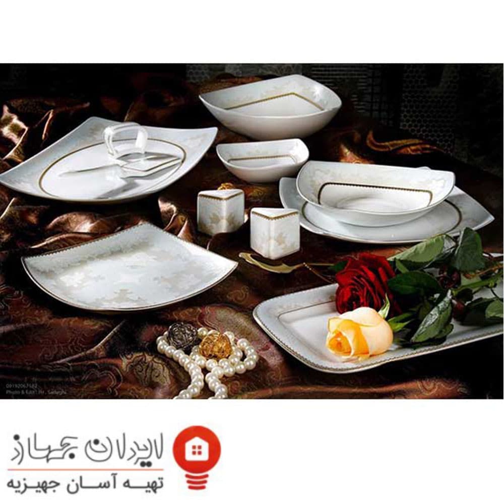 سرویس غذاخوری 105 پارچه ( 12 نفره ) چهار گوش چینی پردیس مدل مهشید فیروزه