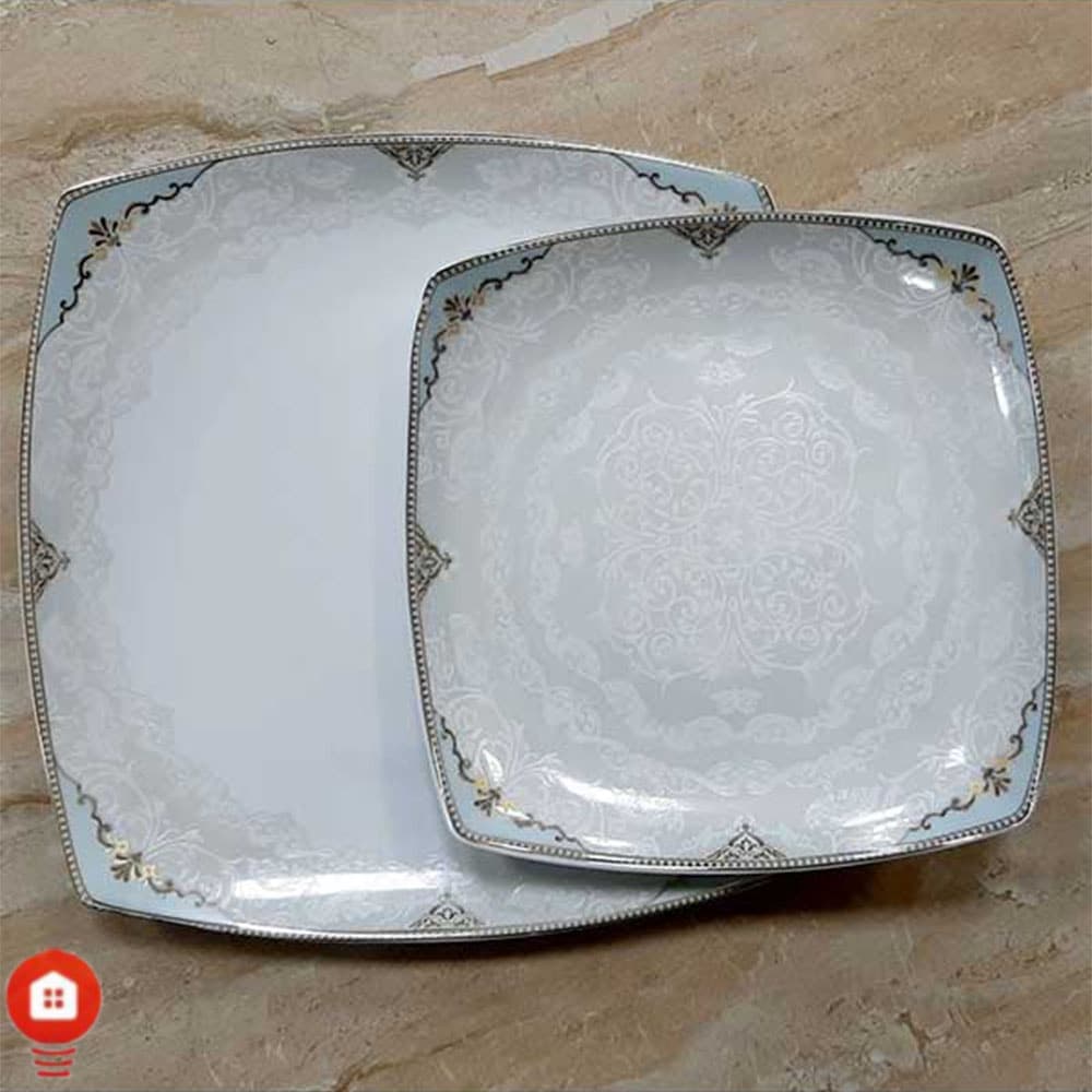سرویس غذاخوری 105 پارچه ( 12 نفره ) چهار گوش چینی پردیس مدل فربد فیروزه — تصویر ۲