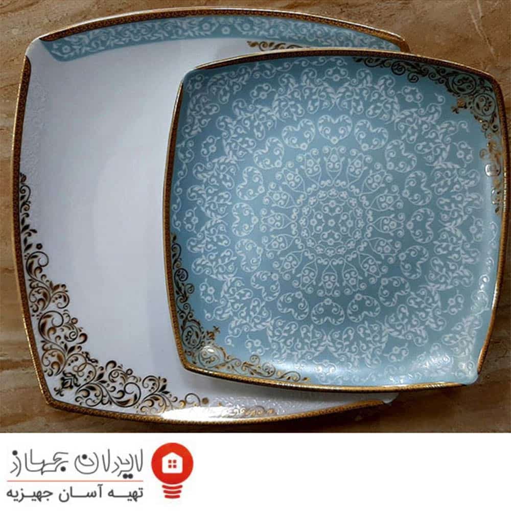 سرویس غذاخوری 105 پارچه ( 12 نفره ) چهار گوش چینی پردیس مدل دنیا فیروزه