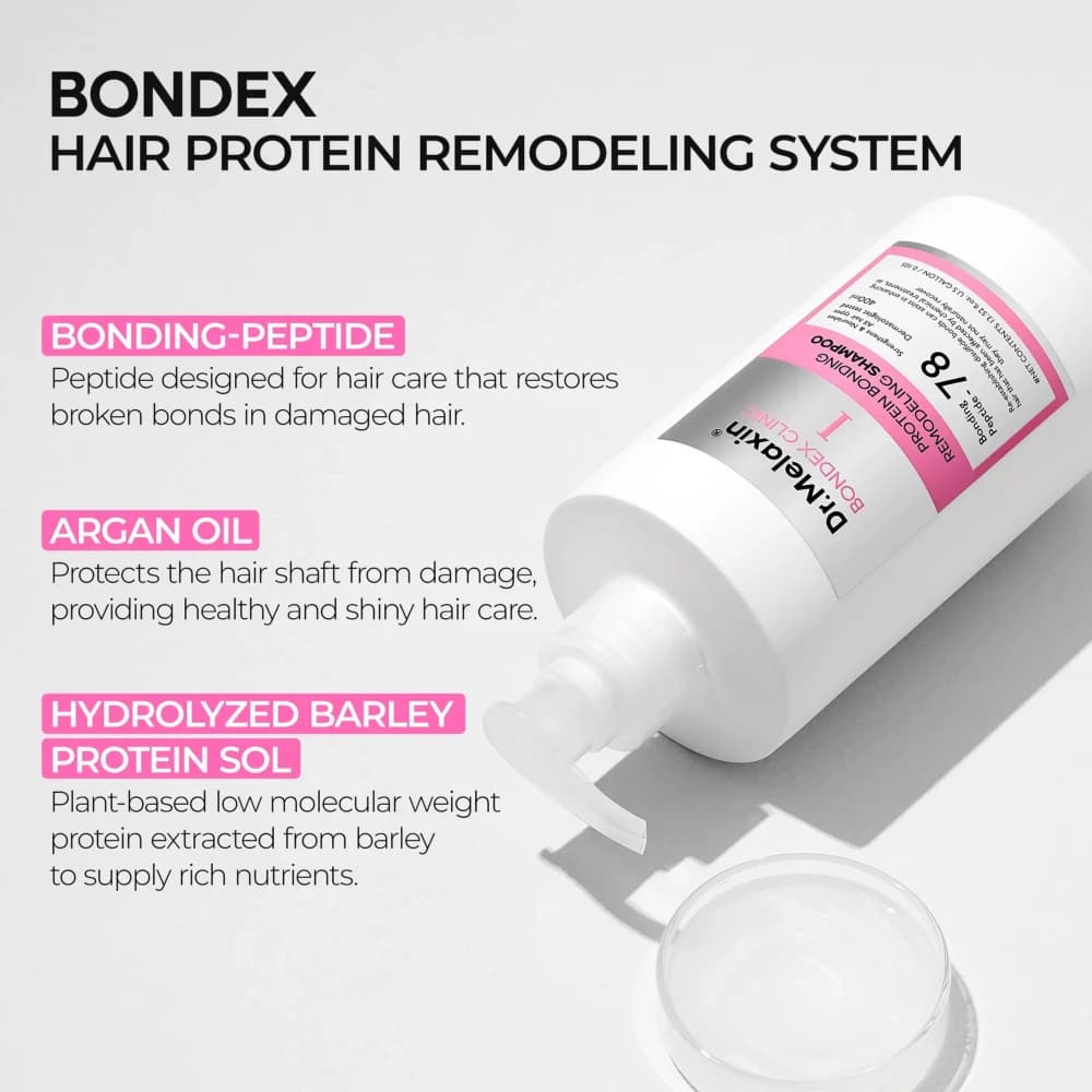 شامپو ترمیم کننده پیوند پروتئین مو دکتر ملاکسین بوندکس کلینیک ۴۰۰ میل Dr Melaxin Bondex Protein Bonding Remodeling Shampoo 400ml — تصویر ۸