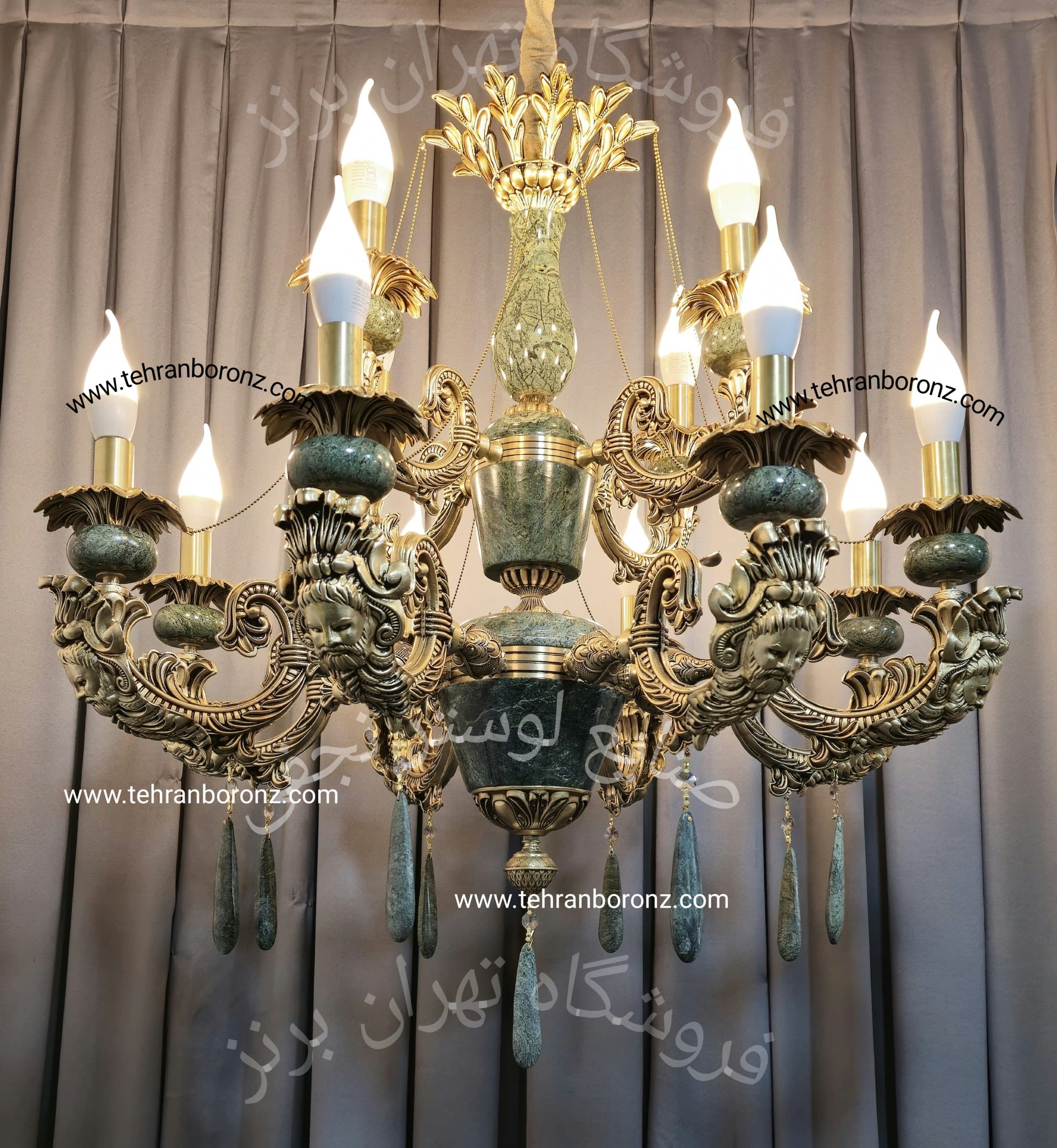 لوستر برنز سنگی طرح گلوریا ۱۲شاخه۲طبقه کد1065 — تصویر ۲