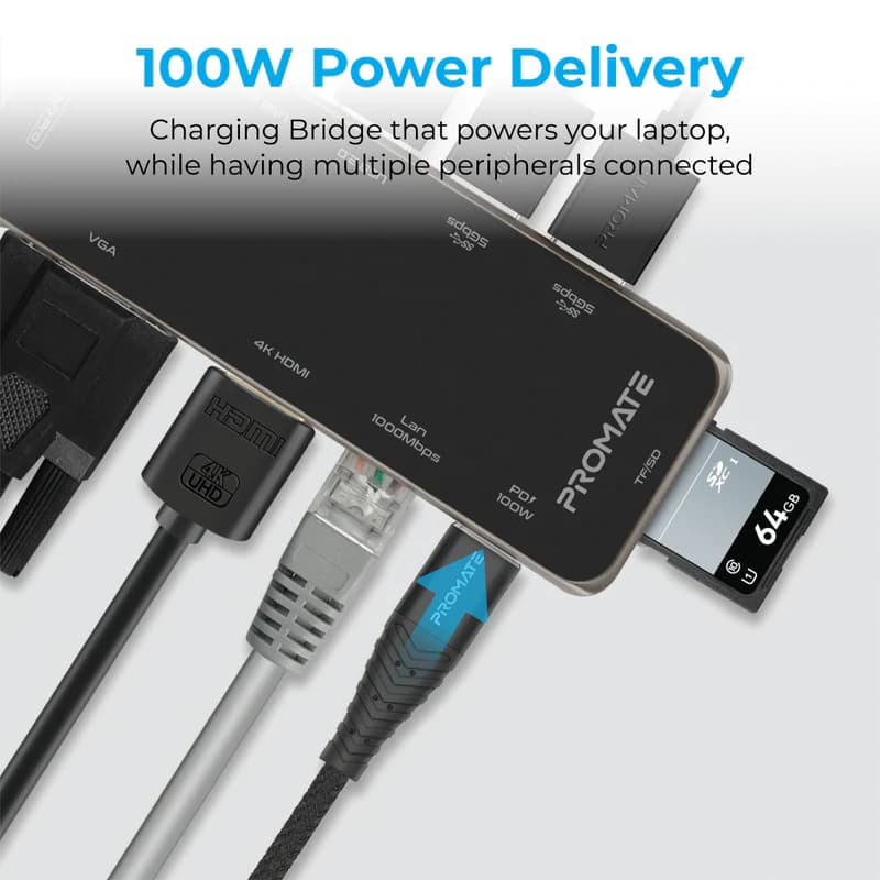 هاب و مبدل 11 در 1 تایپ سی پرومیت مدل PrimeHub-Pro با حداکثر توان 100W — تصویر ۵