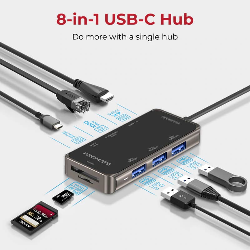 هاب و مبدل 8 در 1 تایپ سی پرومیت مدل PrimeHub-Mini با حداکثر توان 100W — تصویر ۴