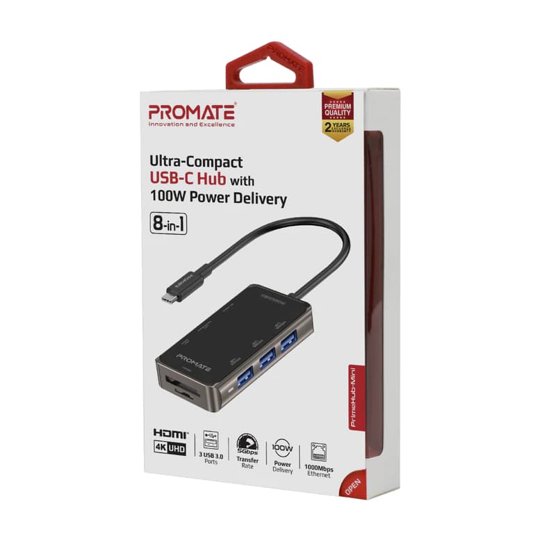 هاب و مبدل 8 در 1 تایپ سی پرومیت مدل PrimeHub-Mini با حداکثر توان 100W — تصویر ۲