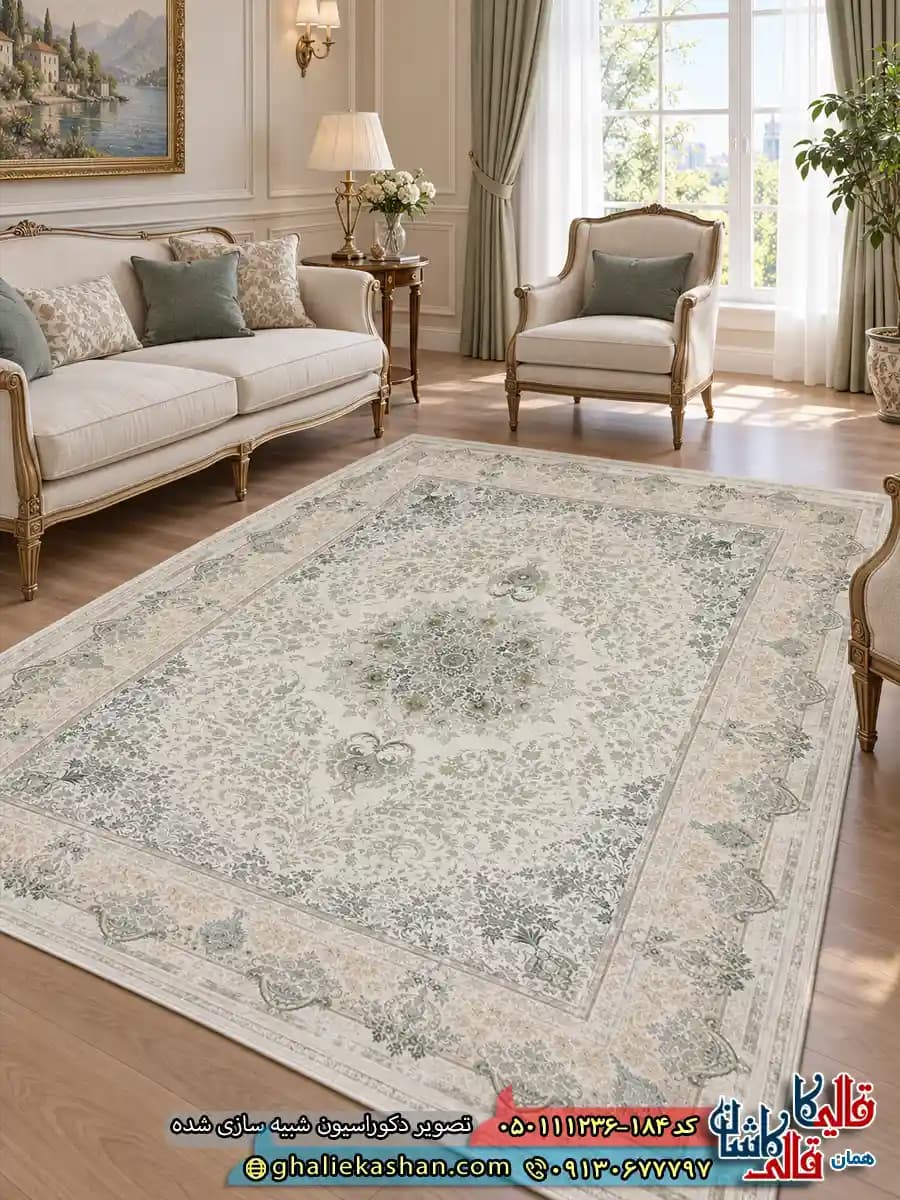 فرش وینتیج 1200 شانه طرح کهربا رنگ کرم گل برجسته کاشان