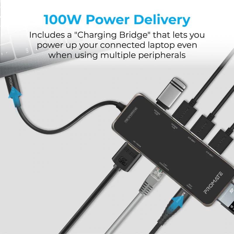 هاب و مبدل 9 در 1 تایپ سی پرومیت مدل PrimeHub-GO با حداکثر توان 100W — تصویر ۵