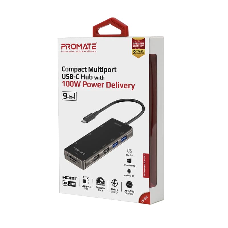 هاب و مبدل 9 در 1 تایپ سی پرومیت مدل PrimeHub-GO با حداکثر توان 100W — تصویر ۲