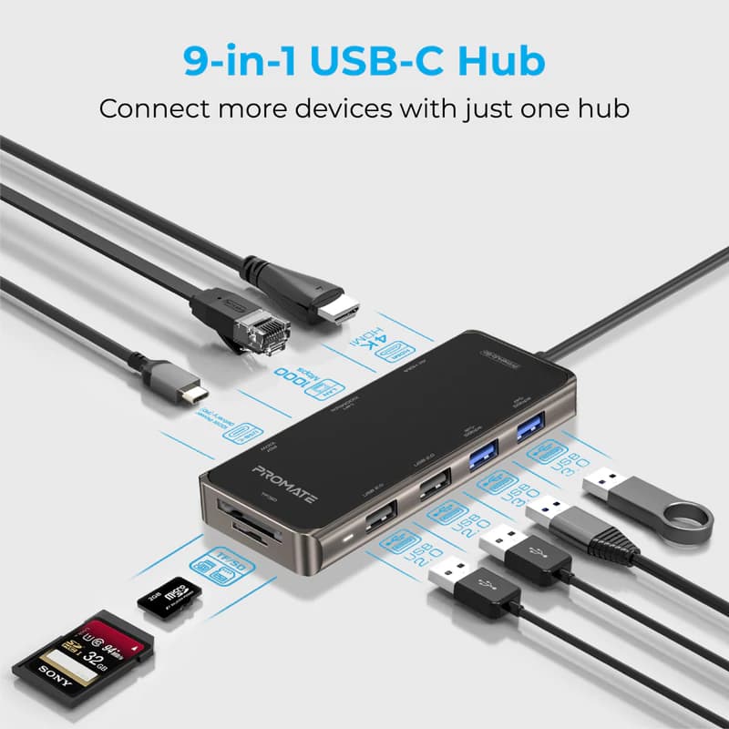 هاب و مبدل 9 در 1 تایپ سی پرومیت مدل PrimeHub-GO با حداکثر توان 100W — تصویر ۴