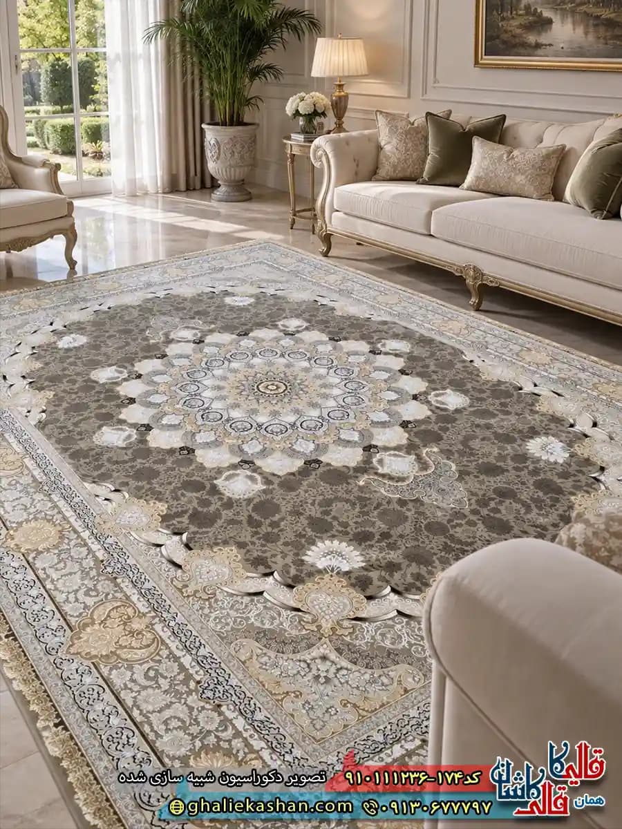 فرش طلاکوب 1200 شانه طرح سلطان رنگ طوسی فیلی گل برجسته کاشان