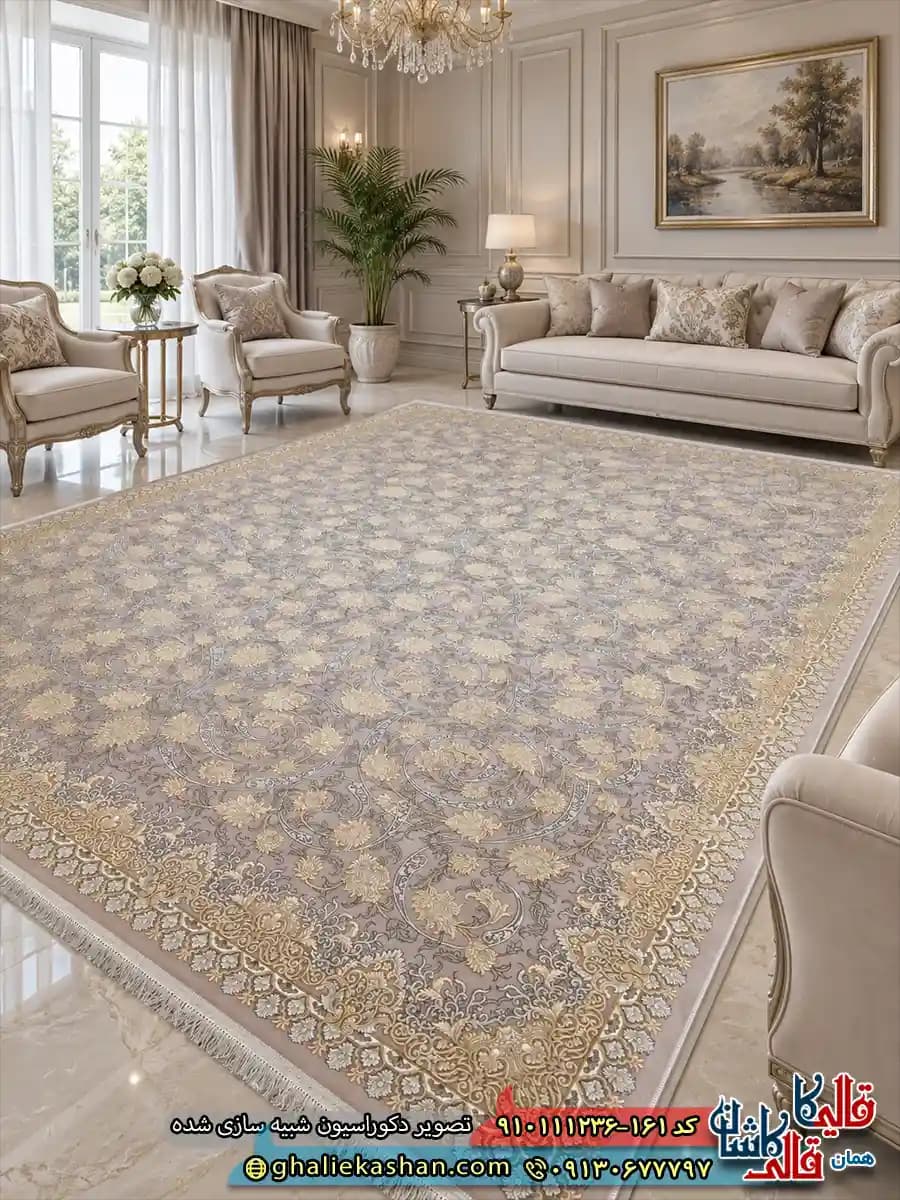 فرش ‌‌طلاکوب ‌‌1200 ‌‌شانه ‌‌طرح ‌‌افشان ‌‌گلنقش ‌‌رنگ ‌‌بژ ‌‌گل برجسته کاشان ‌‌