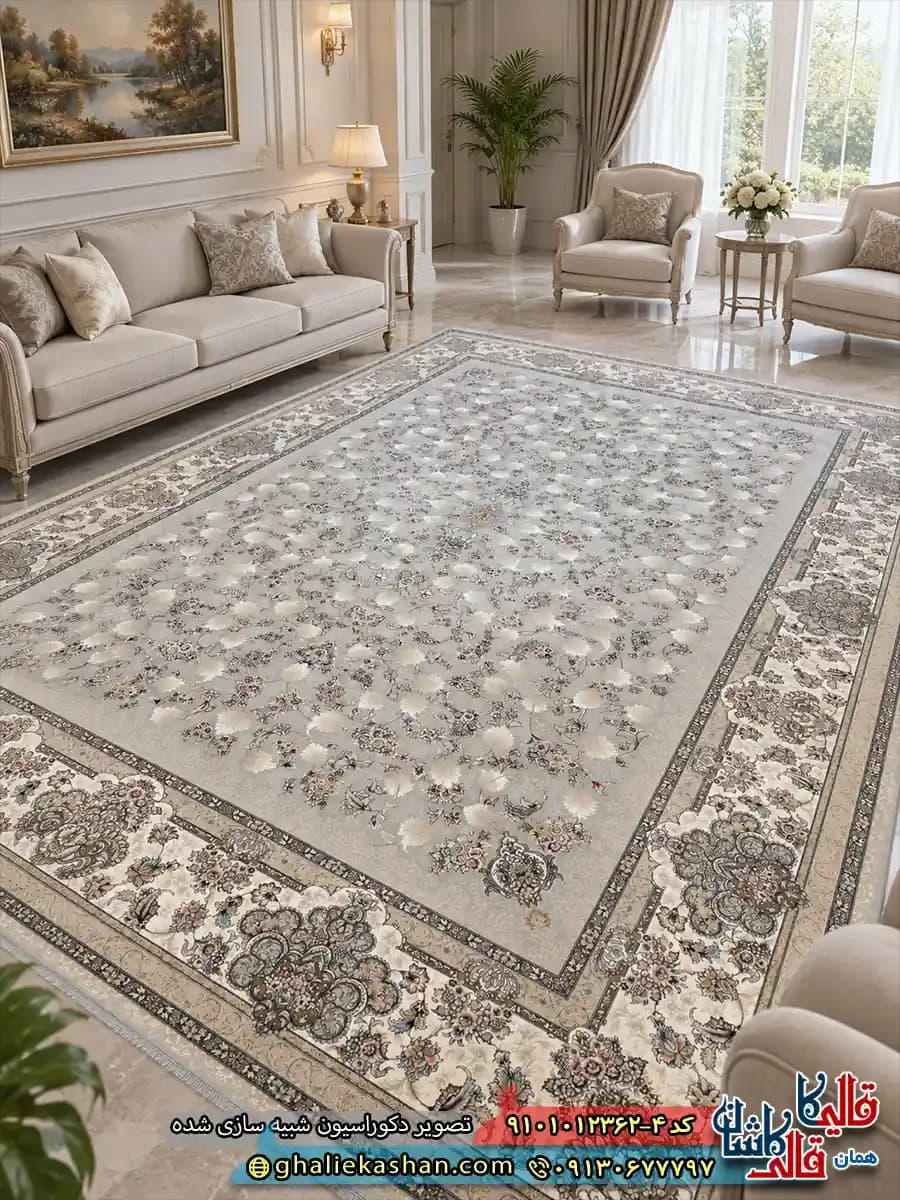 فرش کلاسیک 1200 شانه طرح افشان الیزه رنگ طوسی نقره ای کاشان