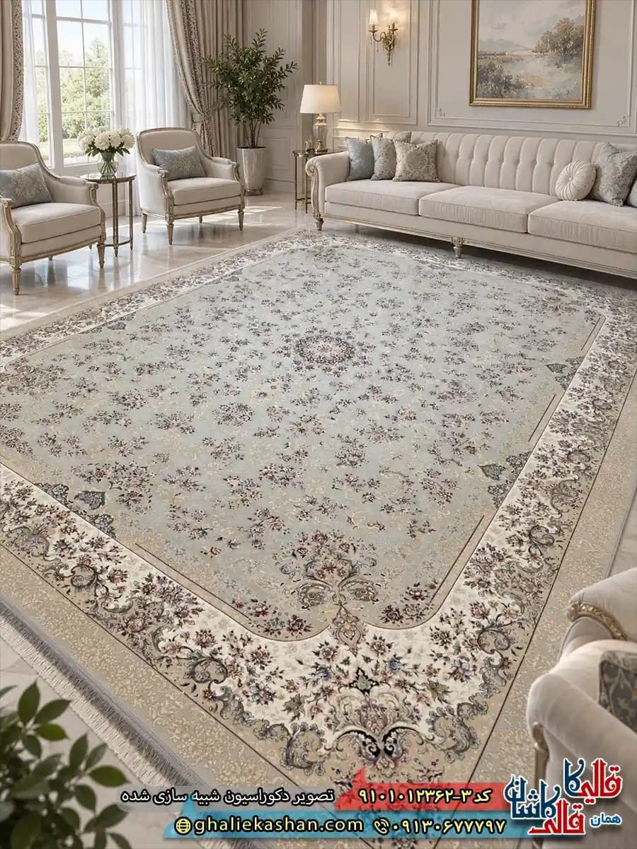 فرش کلاسیک 1200 شانه طرح گلریز رنگ طوسی نقره ای کاشان